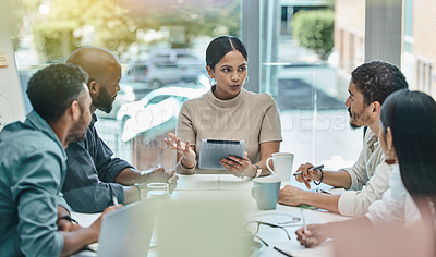 Buy stock photo Business meeting, tablet and people questions, planning and  teamwork with manager discussion for digital agency. Online, ideas or workflow agenda of woman talking to team in creative glass or window