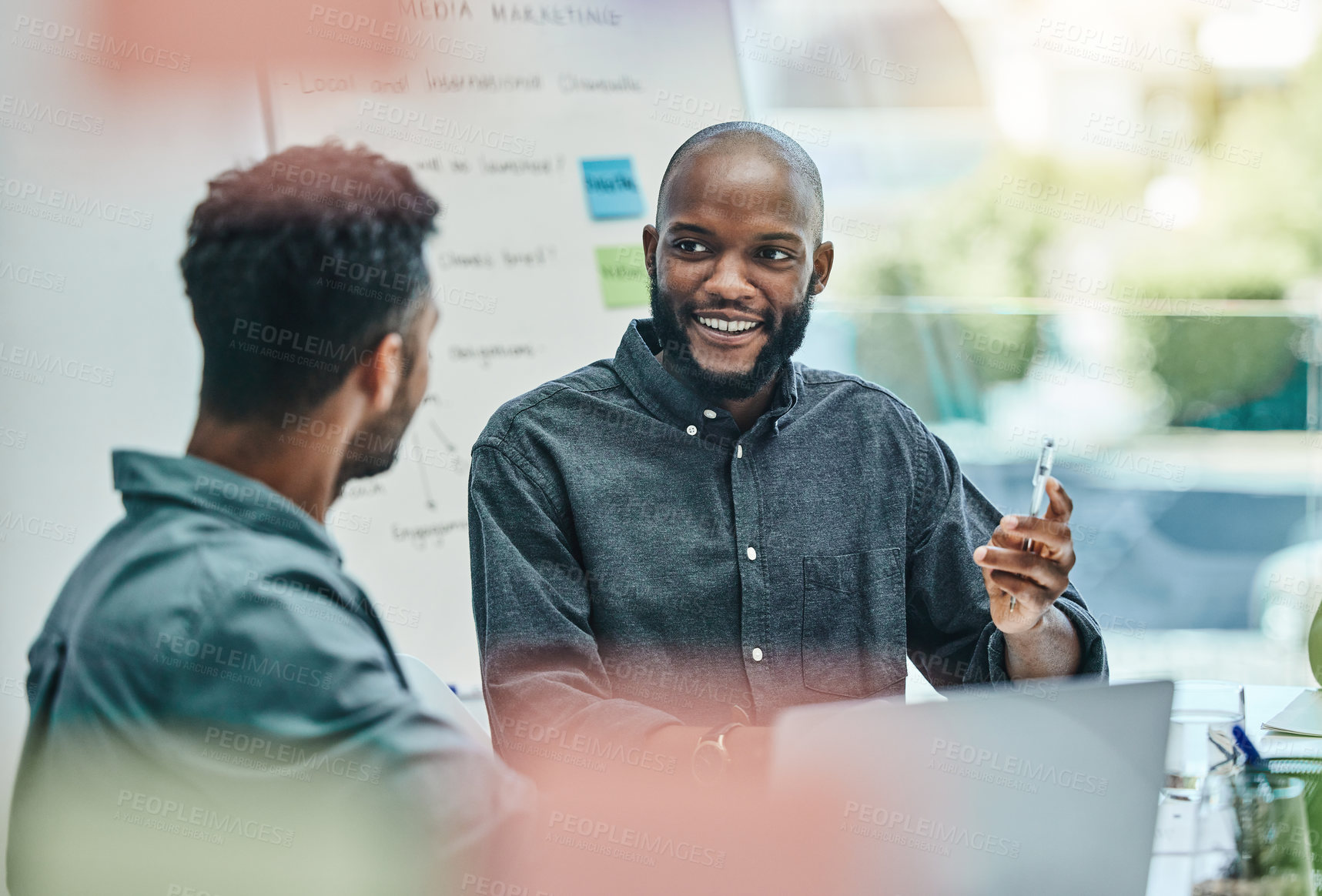 Buy stock photo Planning, talking and business people or partner in meeting, teamwork and brainstorming for website or project ideas. Happy african manager, man or clients in office for collaboration and discussion