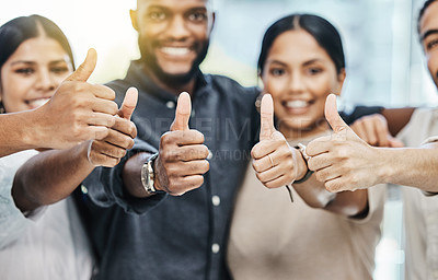 Buy stock photo Success, thumbs up and portrait of people for thank you, support or teamwork hands, yes or like emoji. Great, ok and business women, men or winner for collaboration and thanks sign in career winning
