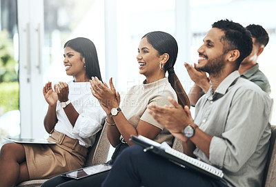 Buy stock photo Support, businesspeople clapping audience and at meeting in a office at work. Group, achievement and happy team with applause for success or celebration in a conference in a boardroom at workplace