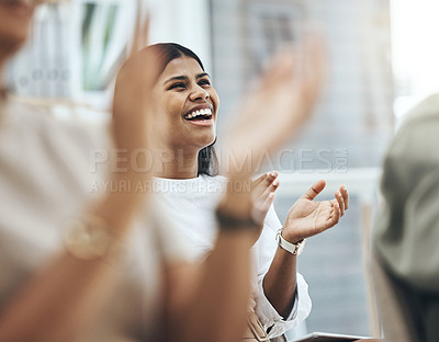Buy stock photo Business people, group and applause in meeting, achievement or teamwork with growth, opportunity or promotion. Hands, woman or staff clapping, celebration or startup success with development or goals