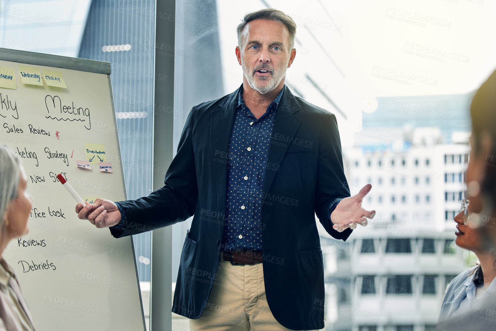 Buy stock photo Businessman, coaching and meeting on whiteboard for strategy, planning or team discussion at office. Man CEO, mentor or coach training staff in presentation for project plan or ideas at the workplace