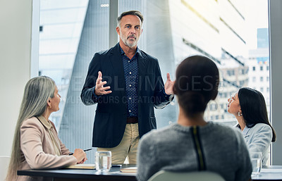 Buy stock photo Businessman, coaching and meeting in seminar for strategy, planning or team discussion at office. Man CEO, mentor or coach training staff in teamwork, project plan or ideas in conference at workplace
