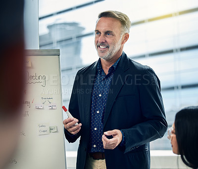 Buy stock photo Happy businessman, coaching and meeting on whiteboard in planning, strategy or team discussion at office. Man CEO, mentor or coach training staff in presentation for project plan or idea at workplace