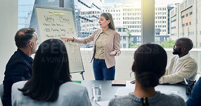 Buy stock photo Business woman, coaching and meeting on whiteboard in planning, strategy or team discussion at office. Female person, CEO or coach training staff in presentation for project plan or idea at workplace