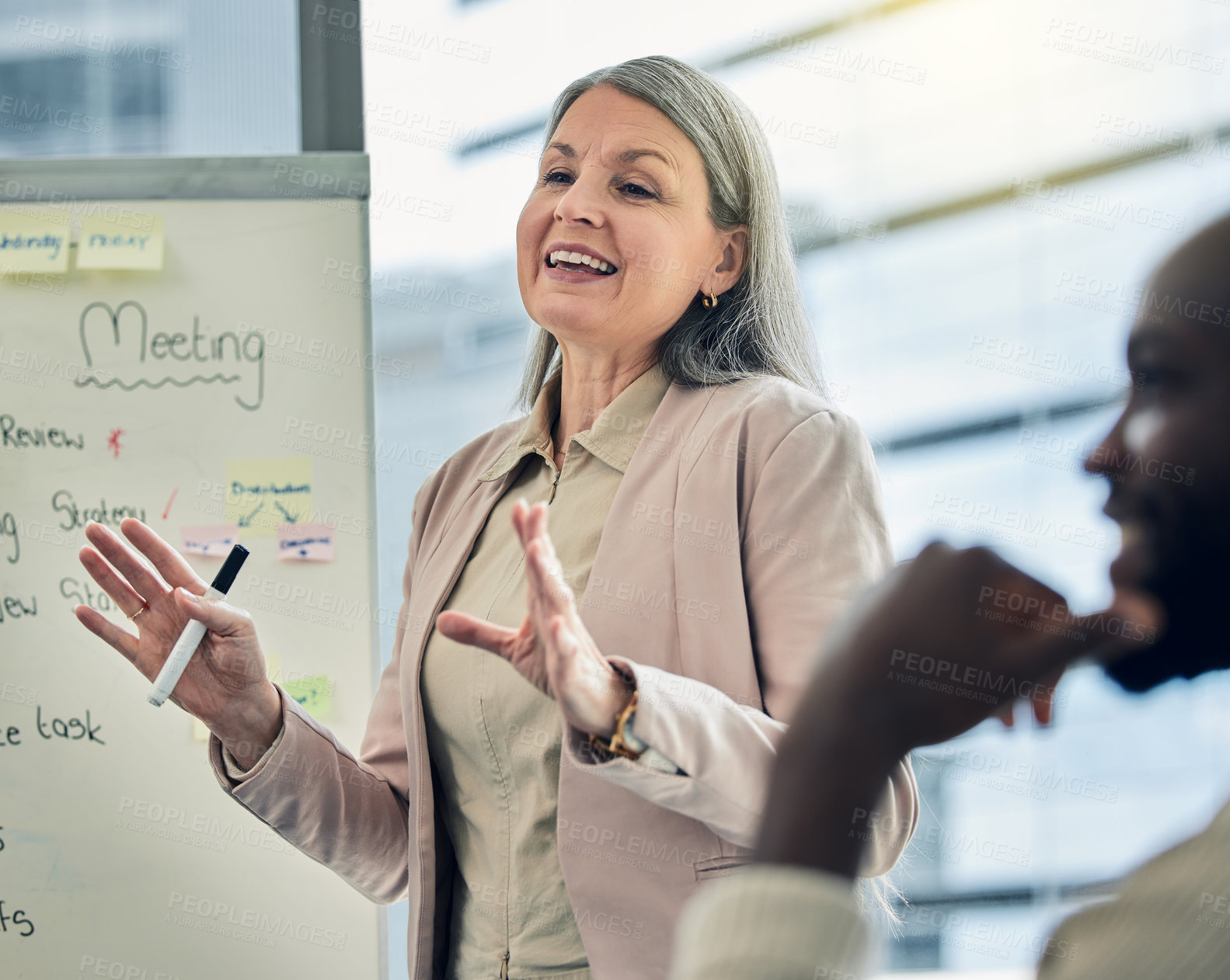 Buy stock photo Happy woman, coaching and planning in business meeting on whiteboard for strategy or team discussion at office. Mature female person, CEO or coach training staff in project presentation at workplace