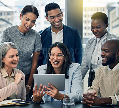 Buy stock photo Business people, tablet and smile in meeting for team or company discussion at the office. Happy group, diversity and employees together on technology for online collaboration in global workplace