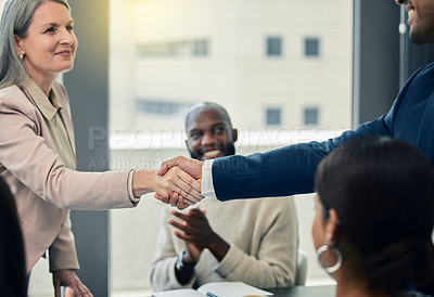 Buy stock photo Business people, handshake and partnership in b2b agreement, deal or hiring at the office. Businessman and woman shaking hands in meeting, recruiting or teamwork for corporate growth at the workplace