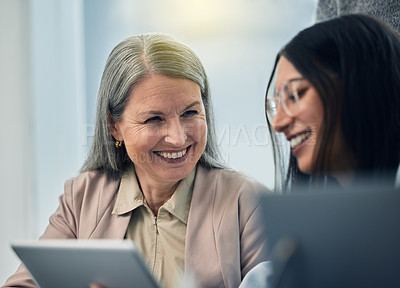 Buy stock photo Business people, mature woman and tablet in office for corporate research, project planning and happy. Professional, employees and technology for collaboration, meeting and smile for startup agency