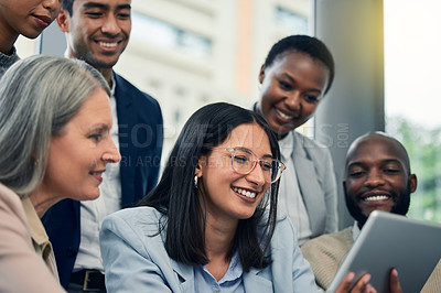 Buy stock photo Meeting, tablet and team of business people in office with research for finance project in collaboration. Smile, discussion and financial advisors with digital technology for company budget plan.