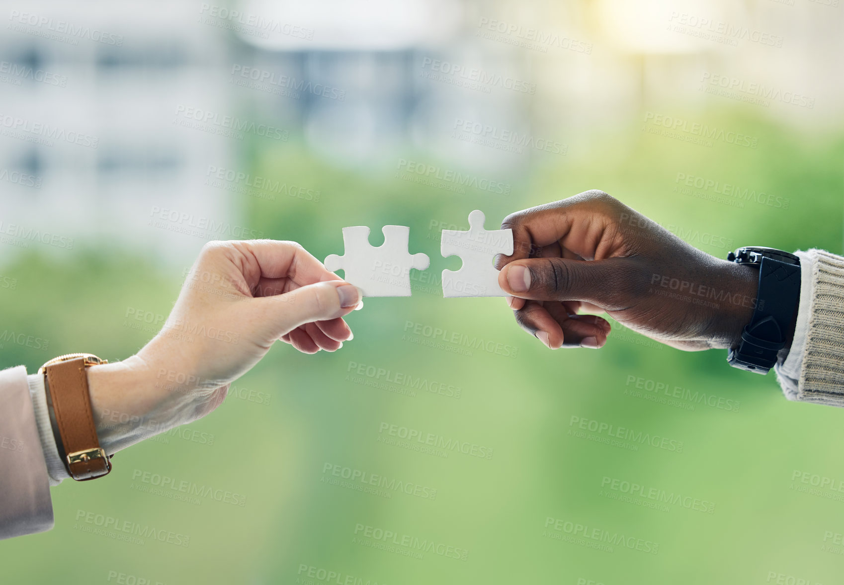 Buy stock photo Business people, diversity and hands with puzzle piece in problem solving, team building or collaboration. Hand of colleagues in jigsaw solution, planning or teamwork for development or brainstorming