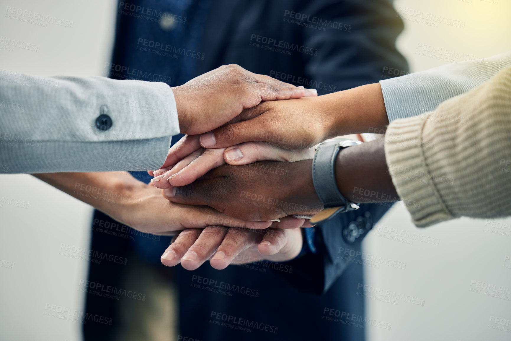 Buy stock photo Business people, teamwork and hands together in support, trust or agreement for unity at the office. Group of employees touching hand for team building, motivation or collaboration in solidarity