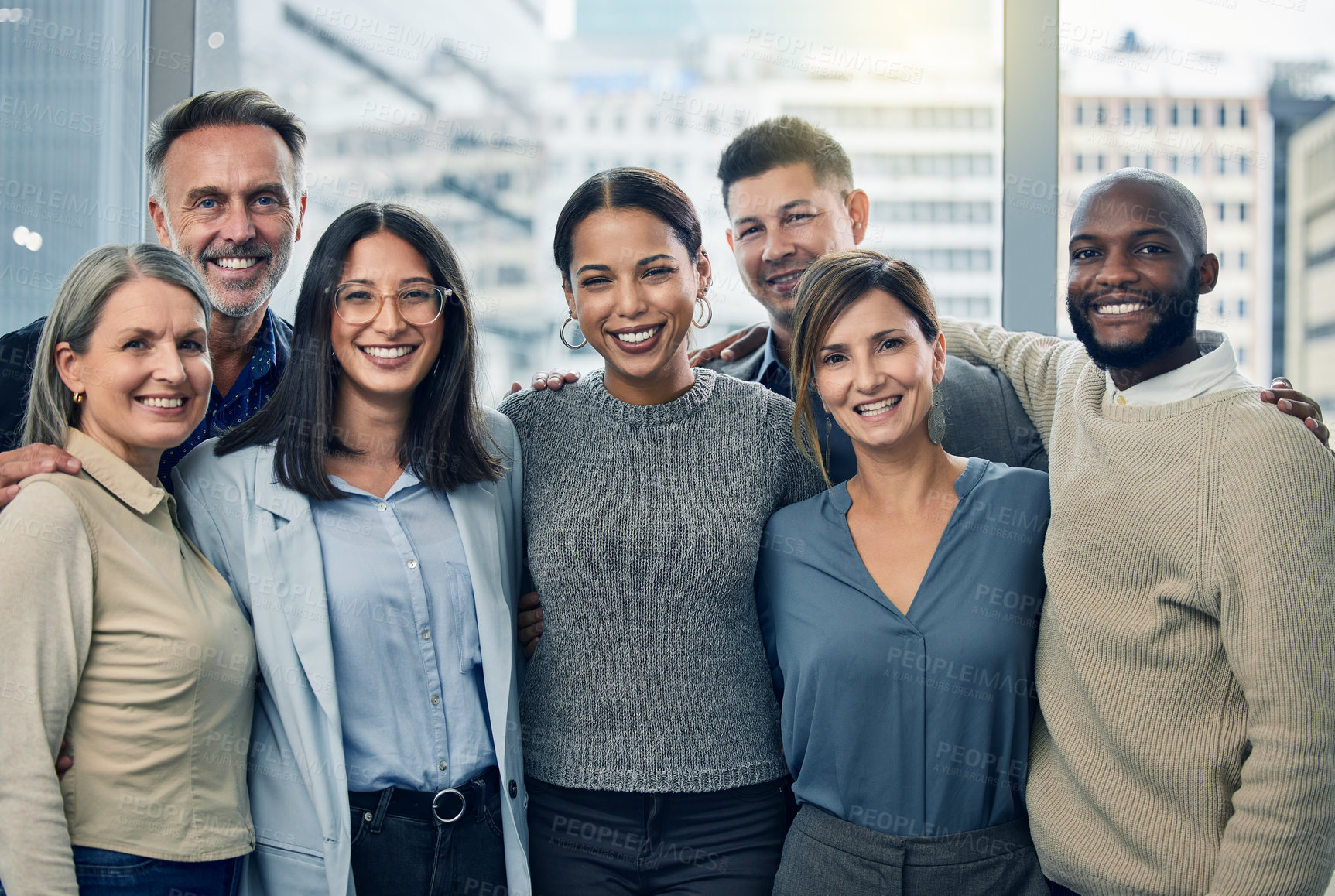 Buy stock photo Diversity, portrait of colleagues and smile in office together happy with faces at work in solidarity. Teamwork, collaboration and group with motivation and excited coworkers at their workplace