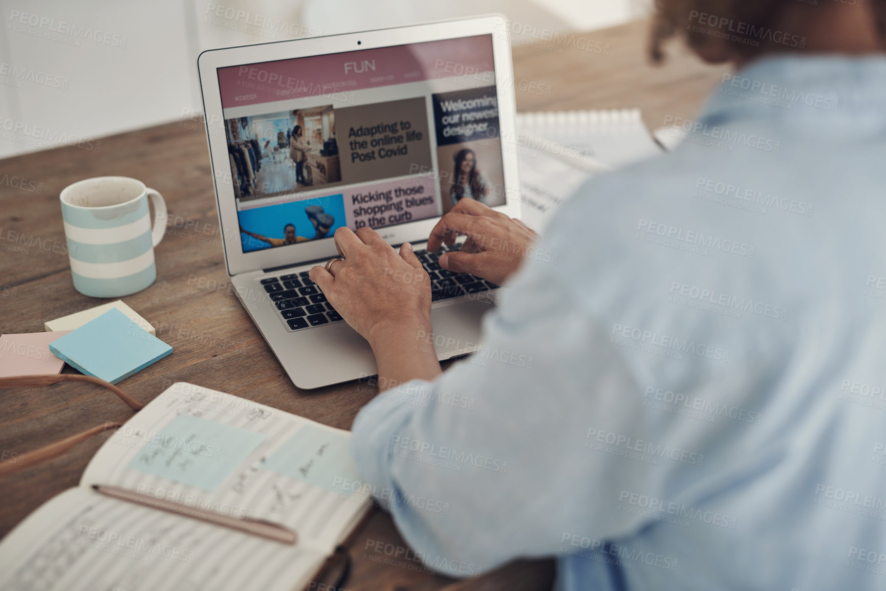 Buy stock photo Freelancer, online and hands with laptop screen in home, back and creative blog for magazine on web. Typing, blogger and person with tech for article, remote work and editing draft for publication