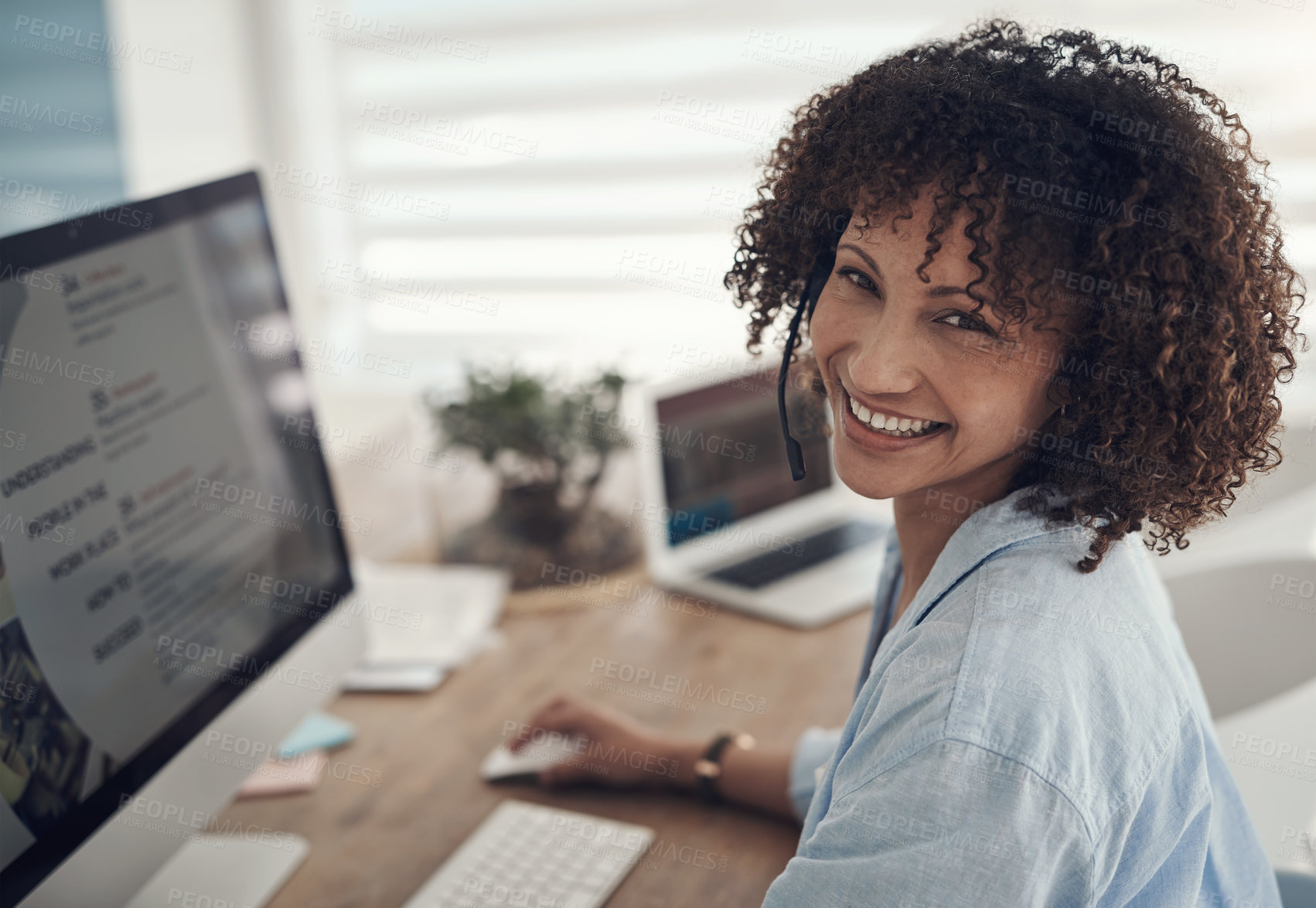 Buy stock photo Happy woman, portrait and consultant with headset for online advice or customer service in home. Female person, freelance agent or remote work with smile or mic on computer for virtual assistance