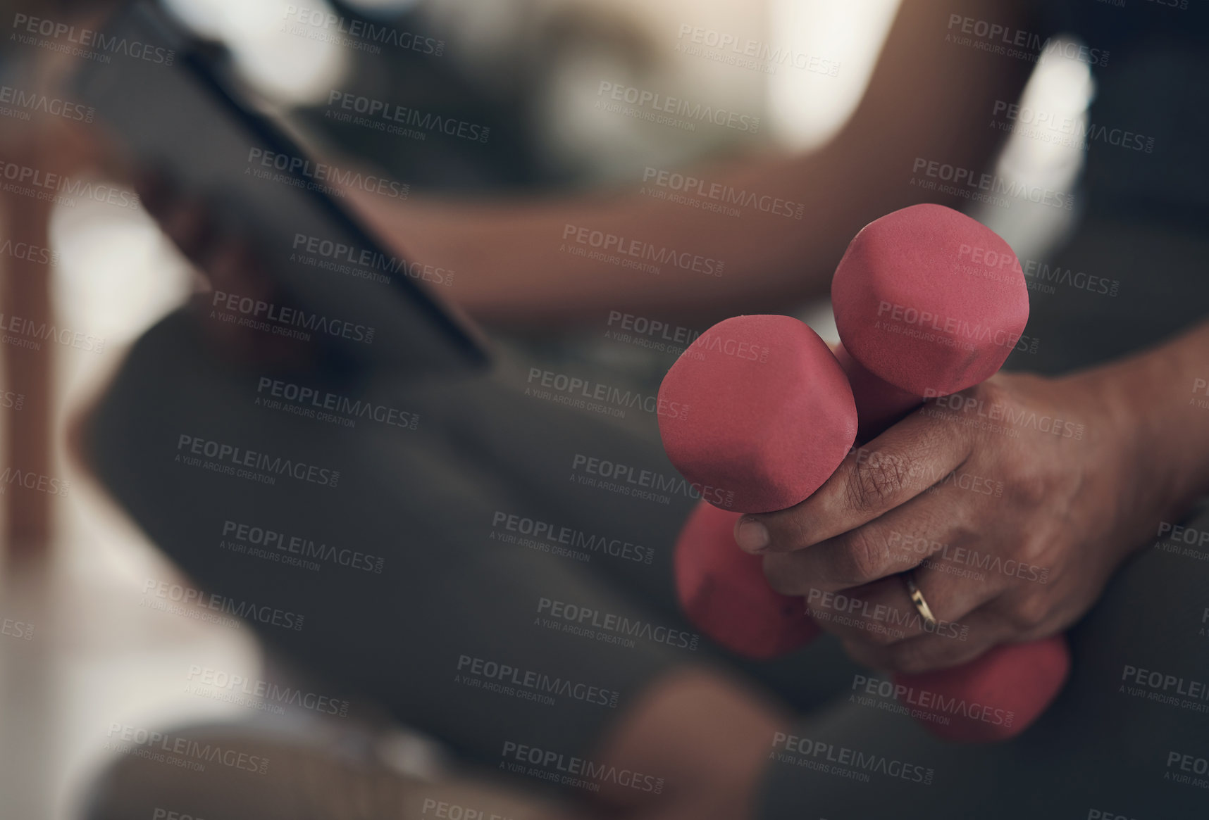 Buy stock photo Person, hands and dumbbells with tablet for tutorial, workout tips or online fitness guide in home. Active, research and small weights with technology for health, exercise routine or training app