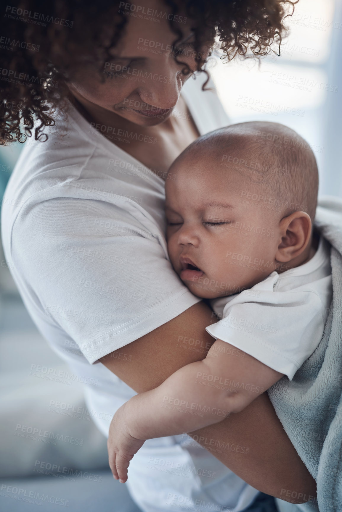 Buy stock photo Love, mother or baby in home with rest, childcare or healthy relationship on weekend break. Care, woman or child in house with sleep, parenthood or family connection for childhood development.