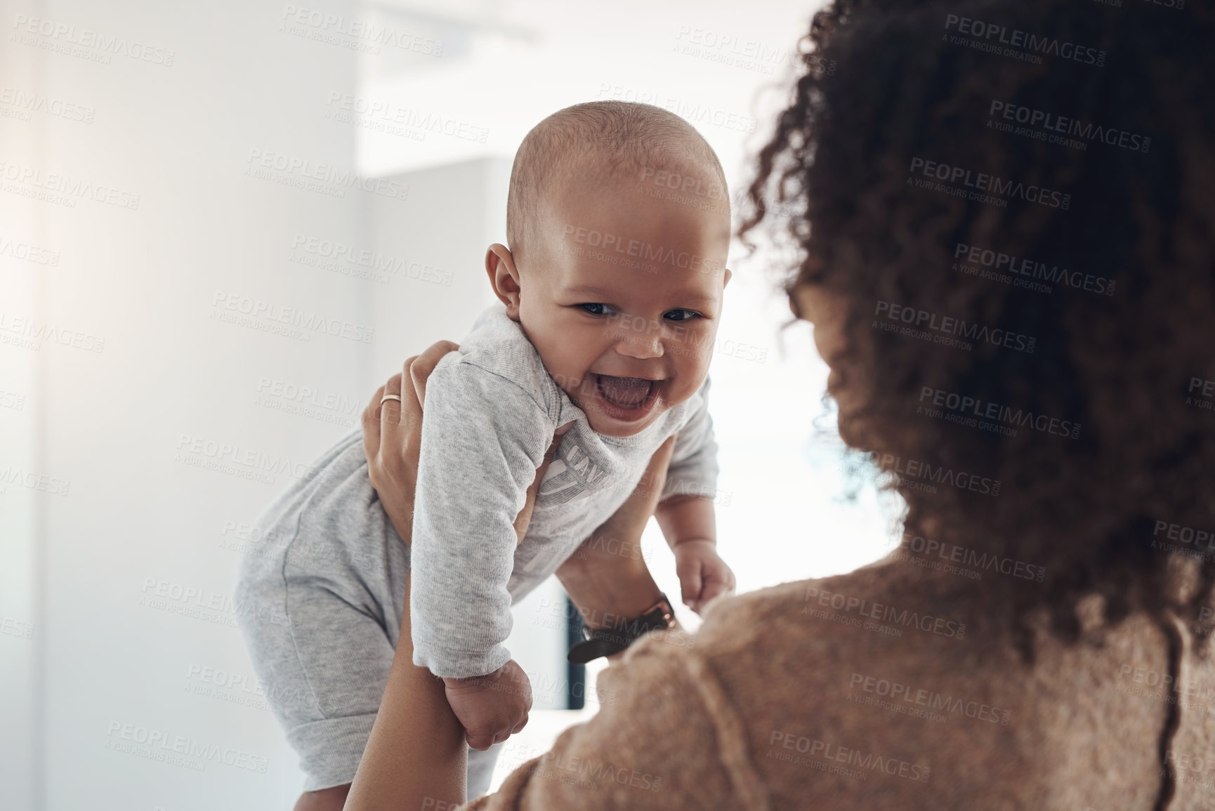 Buy stock photo Laugh, baby and mother with playing in home for relationship development, bonding and love. Funny, woman and infant with connection in house for healthy growth, protection and trust with motherhood