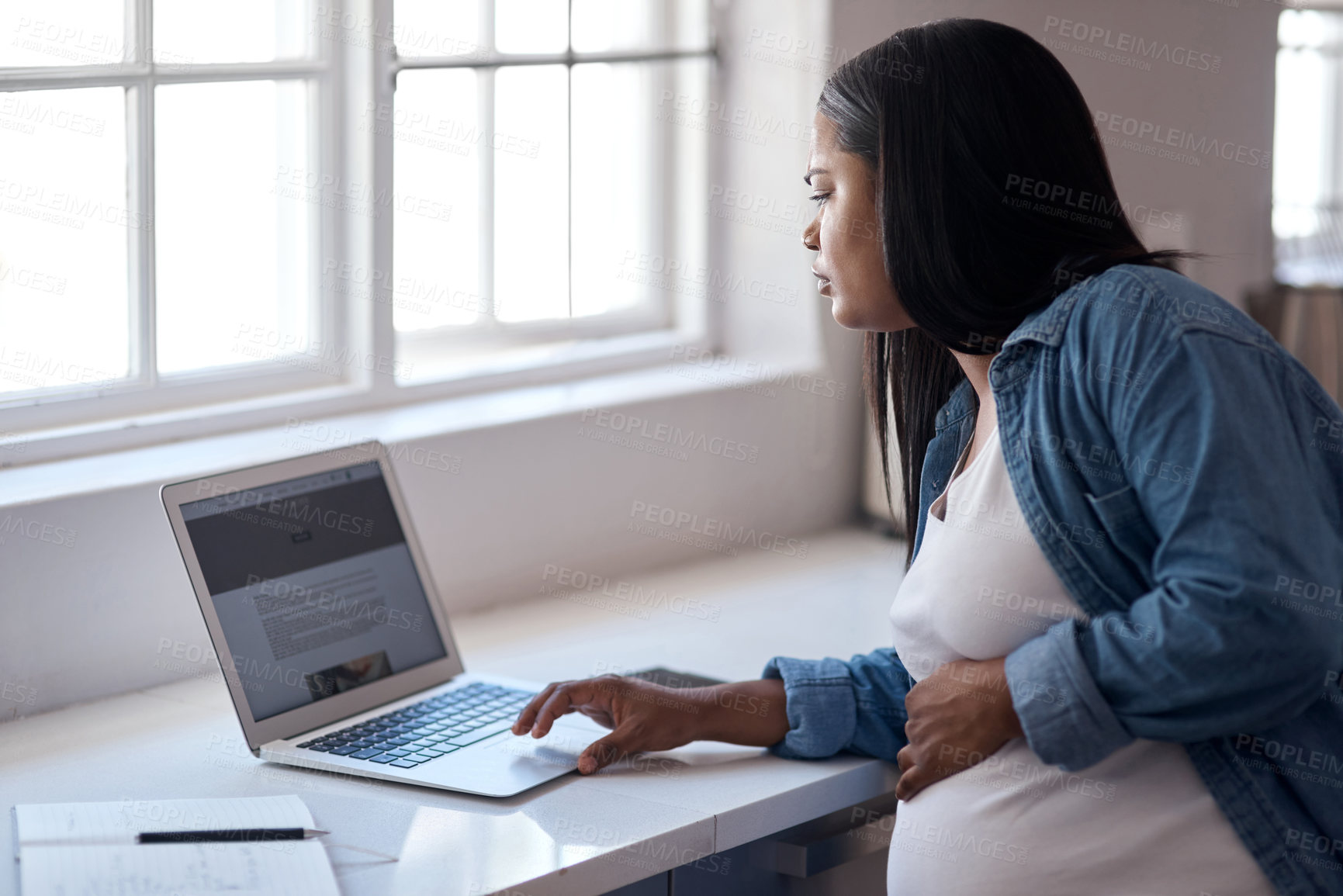 Buy stock photo Remote work, pregnancy or woman with laptop, proofreading or novel editing during maternity. WFH, expecting or author in house with technology, typing manuscript or fetal development in maternal care