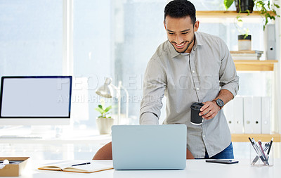 Buy stock photo Business, laptop and man with internet, coffee and online reading with company website and consultant. Person in office, employee and agent with morning tea and computer with startup, tech and email