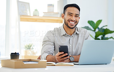 Buy stock photo Happy, phone and man in office typing email communication, social networking or search for business on app. Asian businessman, cellphone or computer for mobile connection, internet or network contact