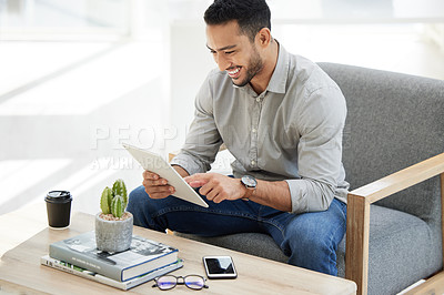 Buy stock photo Business man, tablet and digital work of a web analyst check online research, website and smile. Office chair, technology and happy male employee with ux connection, reading app or internet in agency