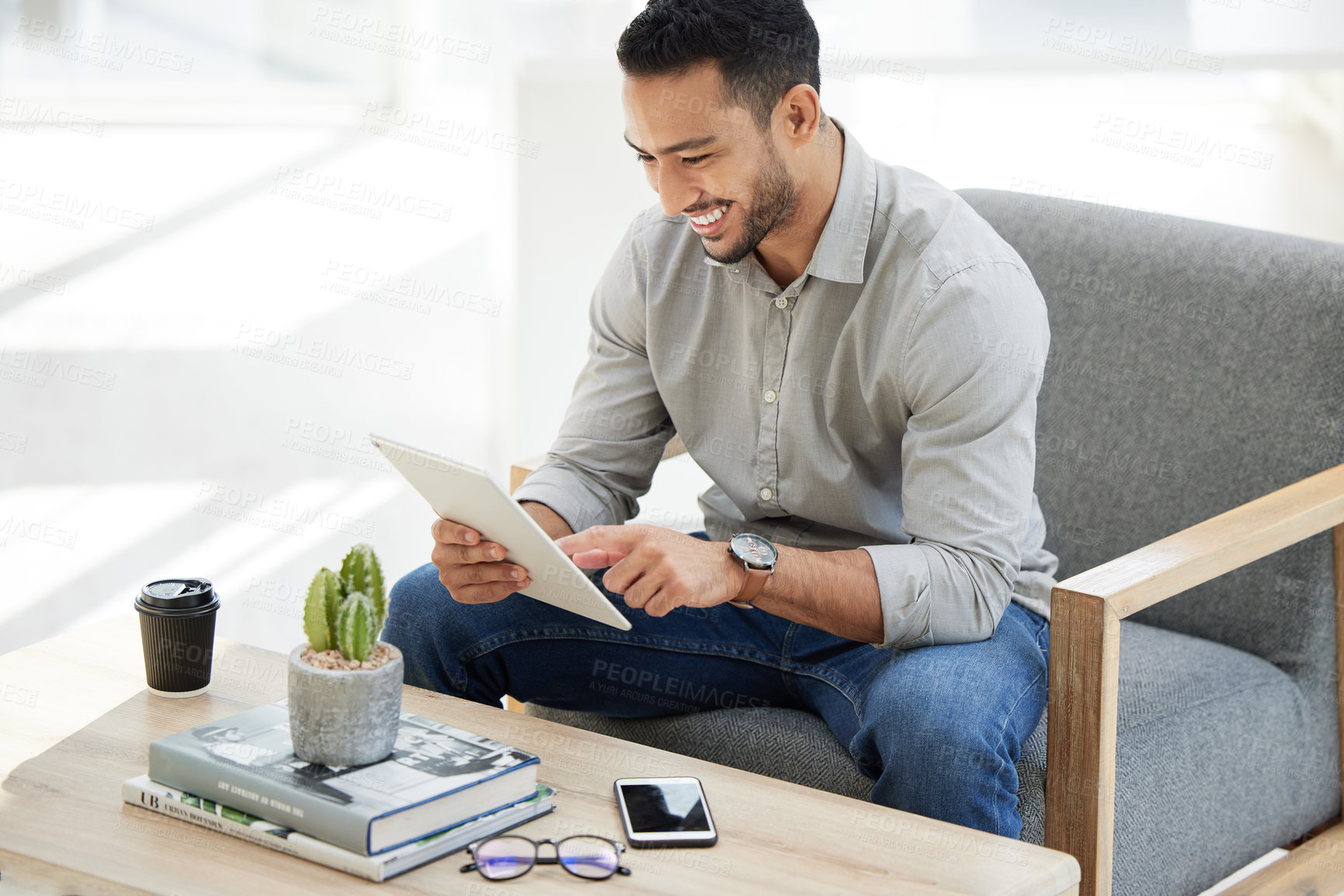 Buy stock photo Business man, tablet and digital work of a web analyst check online research, website and smile. Office chair, technology and happy male employee with ux connection, reading app or internet in agency