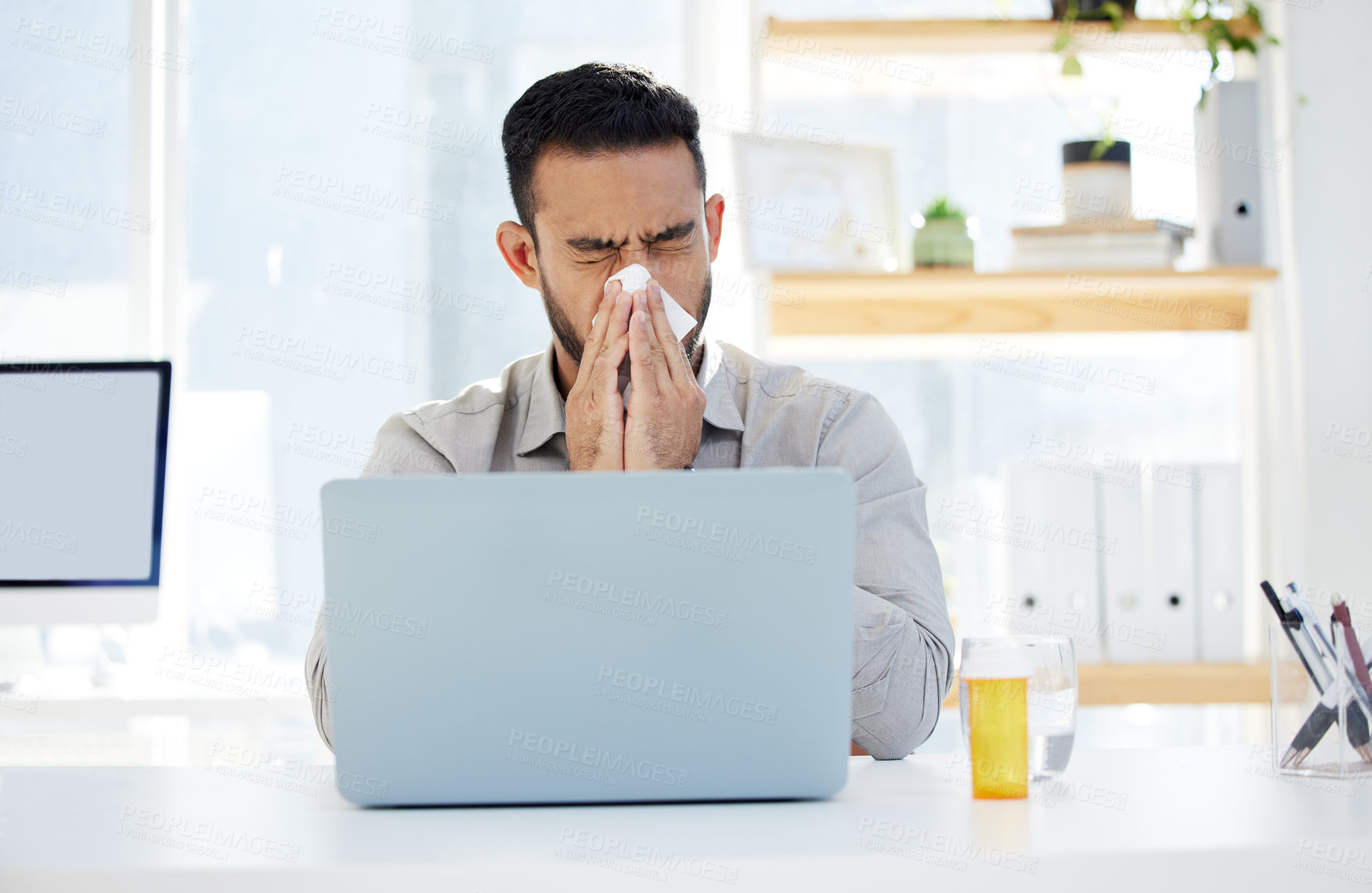 Buy stock photo Business man, tissue and blowing nose in office for flu illness, mucus or allergies with medication. Sick, virus and male employee for healthcare problem, bacteria infection or pneumonia disease