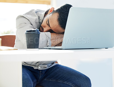 Buy stock photo Laptop, coffee and sleep for man at desk, office or exhausted for work deadline. Burnout, rest or computer for tired web design, creative block or email for fatigue employee with overload pressure 