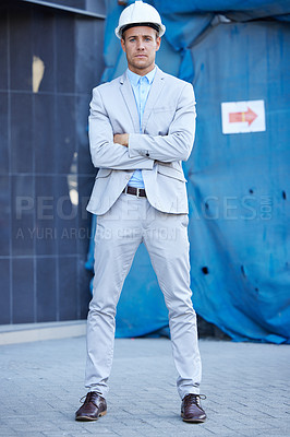 Buy stock photo Architecture, arms crossed and portrait with business man outdoor on building site for project management. Construction, engineering and industry with confident employee at location for development