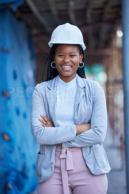 Buy stock photo Architecture, arms crossed and portrait with business black woman outdoor on building site for project management. Affirmative action, construction and industry with engineer happy at development
