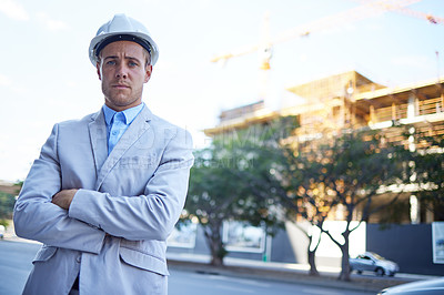 Buy stock photo Architecture, arms crossed and portrait with business man outdoor on building site for project management. Construction, design and industry with professional engineer in city for development