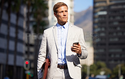 Buy stock photo City, smartphone and businessman with thinking in travel for journey, communication and direction. Buildings, lawyer and person with technology for navigation, networking and notification in New York