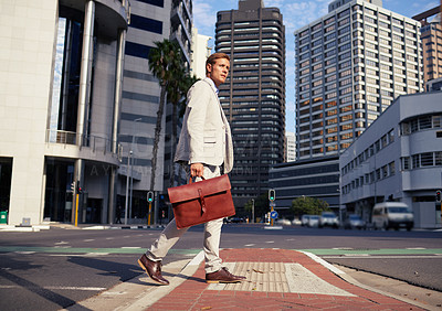 Buy stock photo Businessman, thinking and walking for commute in city, corporate career and office building. Executive, briefcase and sustainable travel by urban street with professional job and suit in South Africa