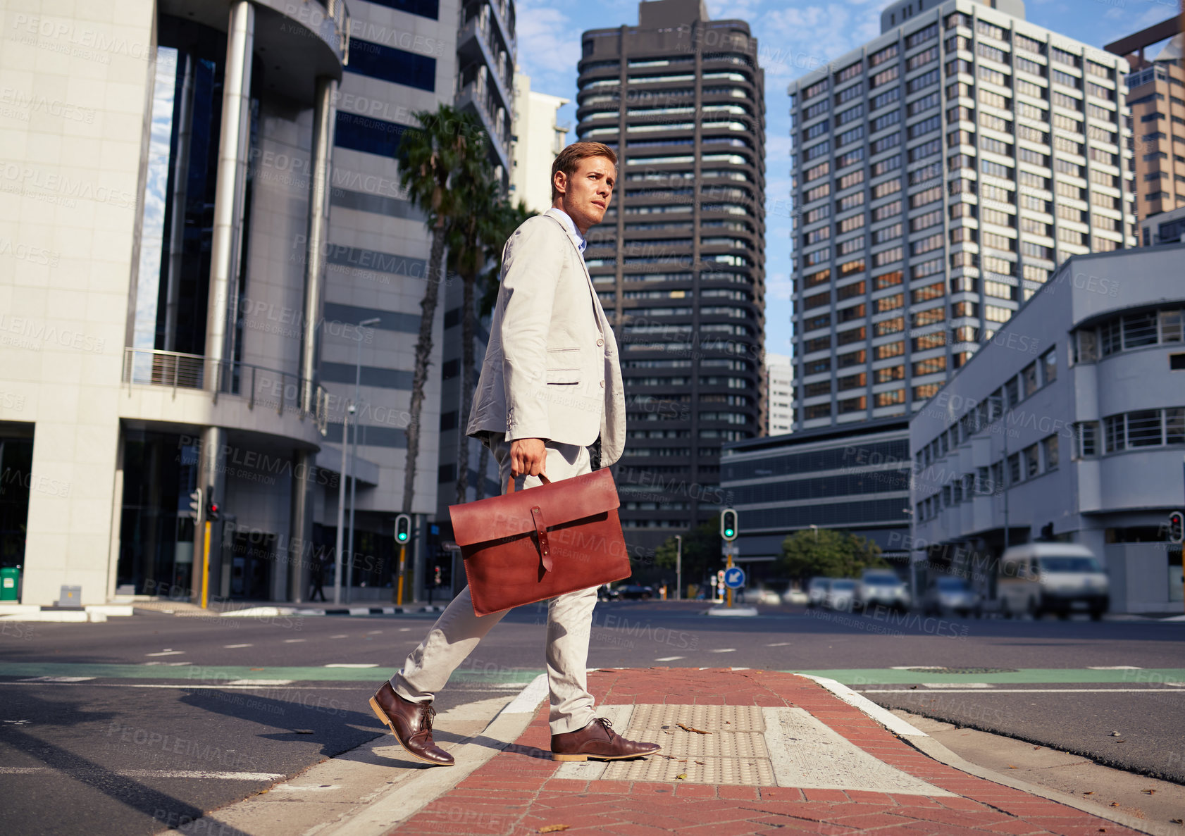 Buy stock photo Businessman, thinking and walking for commute in city, corporate career and office building. Executive, briefcase and sustainable travel by urban street with professional job and suit in South Africa