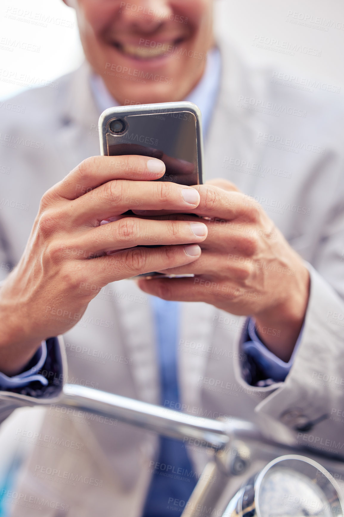 Buy stock photo Hands, businessman and phone with bicycle for work commute, reading text and internet. Employee, bike and mobile app by sidewalk with sustainable transport for travel, web connection and social media