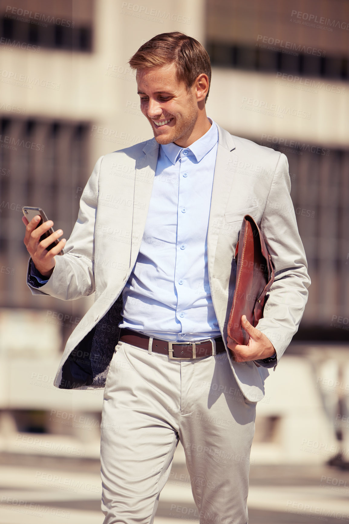 Buy stock photo Smile, phone and businessman in city with bag for travel, commute or reading email outdoor. Mobile, happy professional or briefcase in street for social media, network or salesman online for news app