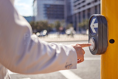 Buy stock photo Businessman, hand and crosswalk button for safety, travel and walking to workplace in city. Male person, robot and commute on sidewalk for transport, direction and pedestrian in street for protection