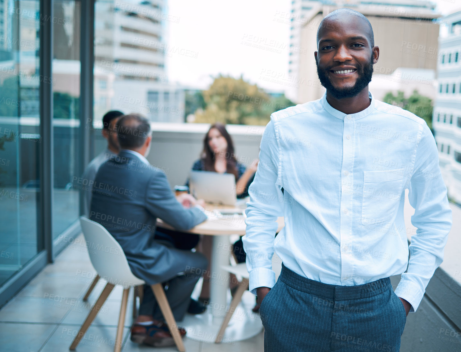 Buy stock photo Employee, business meeting and people outside in portrait, teamwork and discussion for company project. Rooftop, brainstorming and ideas with confidence for workplace with innovation in Sweden.