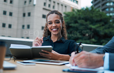 Buy stock photo Smile, business and woman with book in meeting for portrait, notes or planning, agenda and schedule for project management. Happy, female secretary and city, journal and writing, reminder or idea