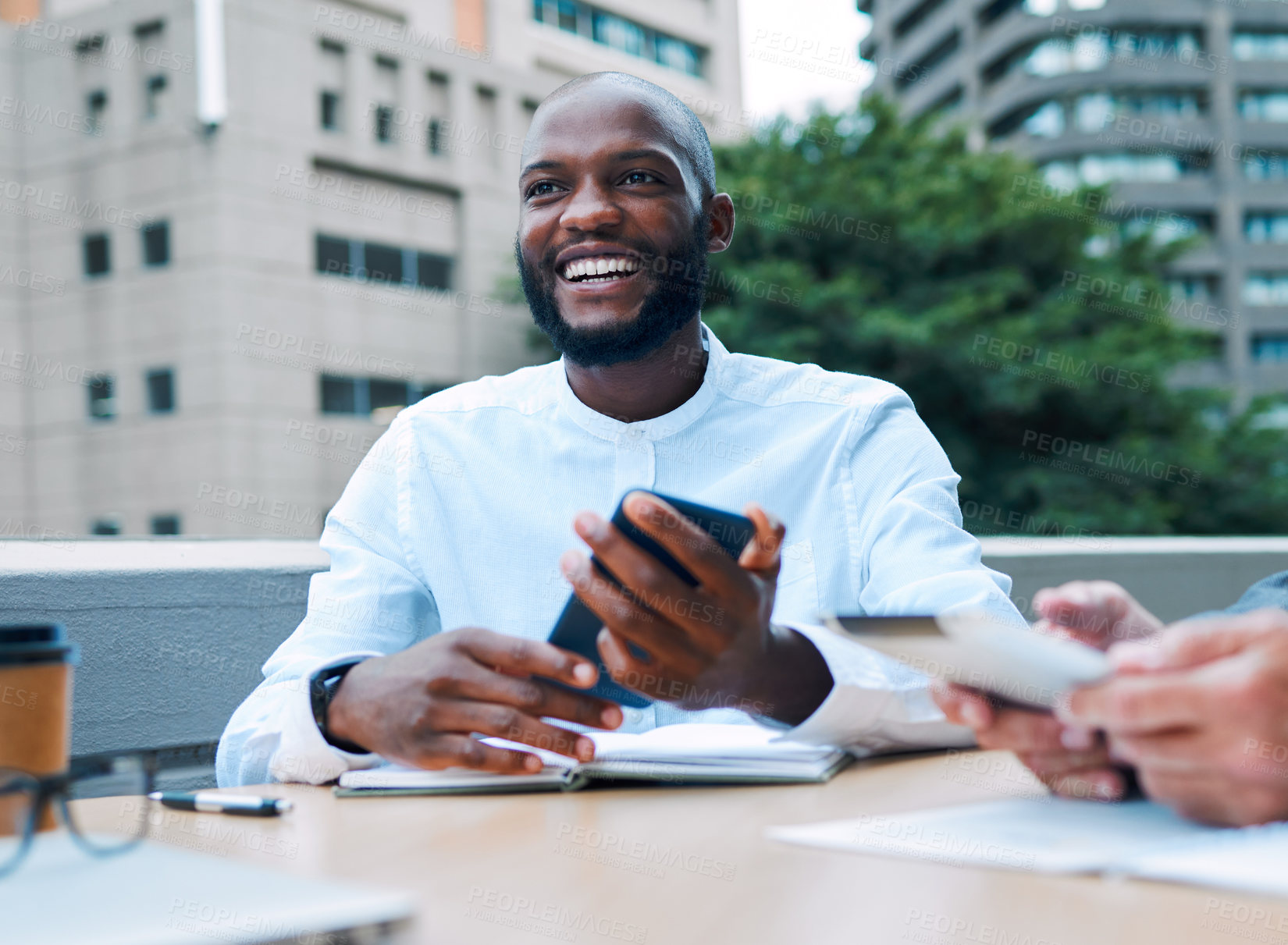 Buy stock photo African, businessman and smartphone with smile for communication, networking and digital as entrepreneur. Male person, excited and connected on technology for social media, company or outdoor on app