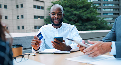 Buy stock photo Black man, business lunch and credit card for meal and table payment of banking app. Cafe bill, rooftop coffee shop and African male person with phone and connectivity for transaction and pay