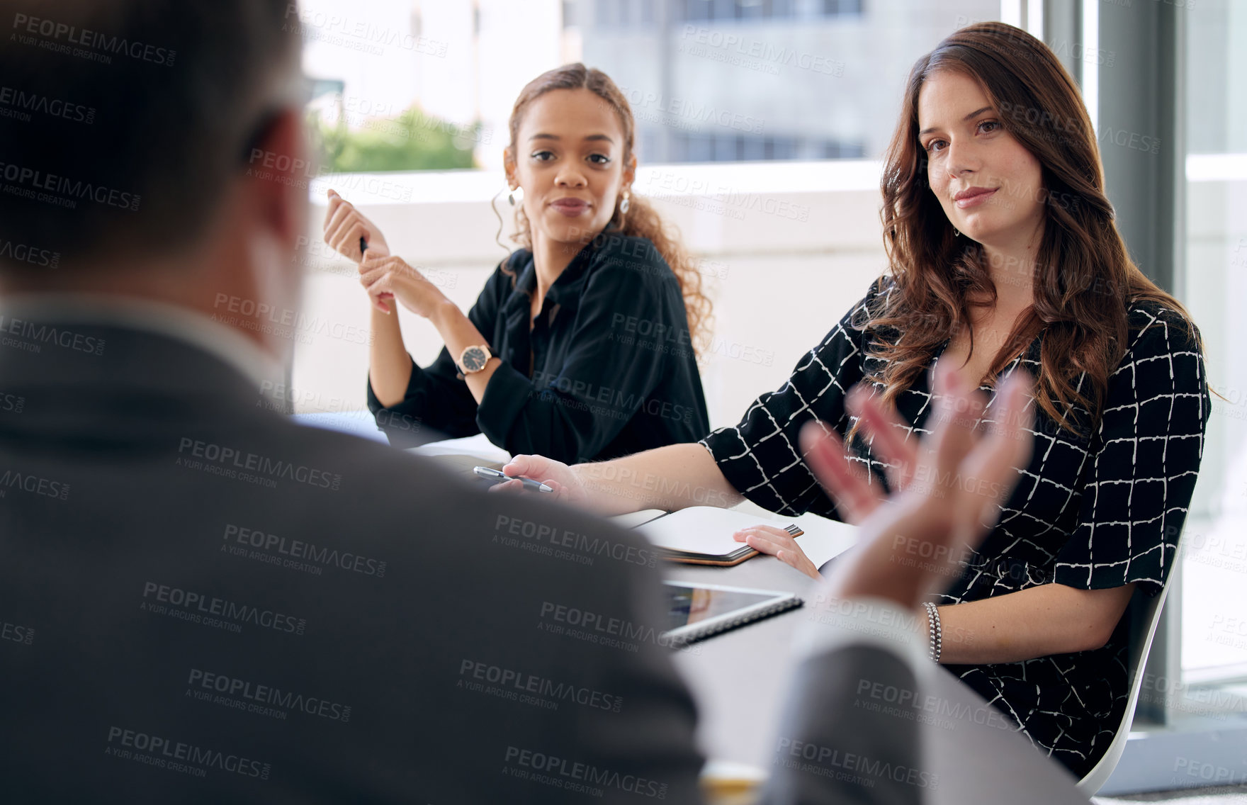 Buy stock photo Meeting, business people and talking to clients in office, feedback and planning in boardroom. Employees, speaking and teamwork for problem solving, writing notes and proposal or project at agency