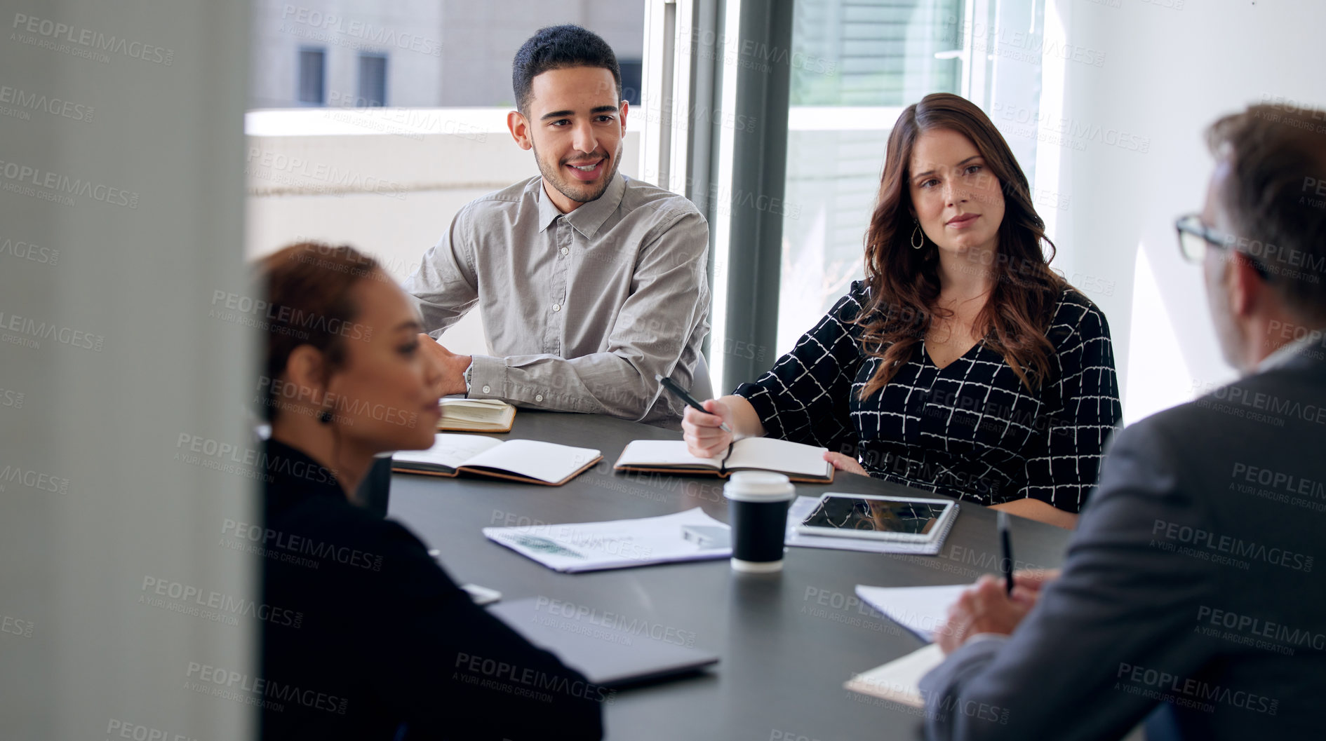 Buy stock photo Meeting, business people and talking on sale in office, feedback and planning in boardroom. Employees, speaking and teamwork for problem solving, writing notes and proposal or project at agency