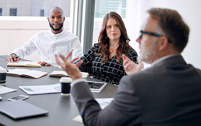 Buy stock photo Meeting, business people and mentor for training in boardroom, talking and planning for growth. Employees, speaking and teamwork for problem solving, solution and internship opportunity at agency