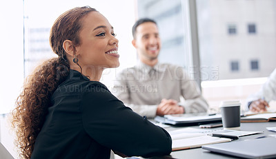 Buy stock photo Happy, smile and business woman in meeting for conference, project management and workshop. Teamwork, planning and collaboration with employee in office for corporate, professional and strategy