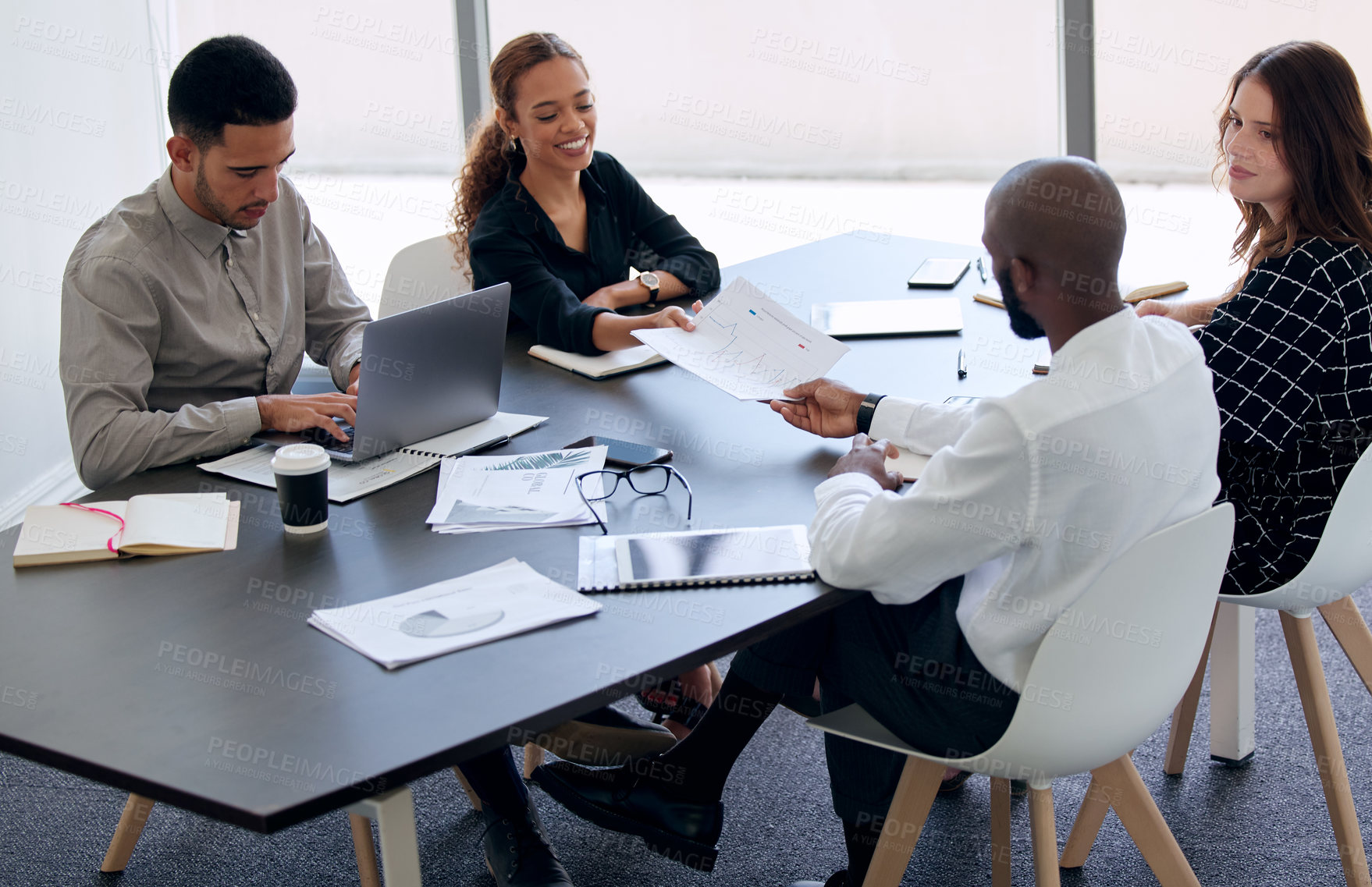 Buy stock photo Meeting, business people and teamwork for documents in boardroom, talking and feedback on idea. Employees, speaking and collaboration for problem solving, paper and merger opportunity in office