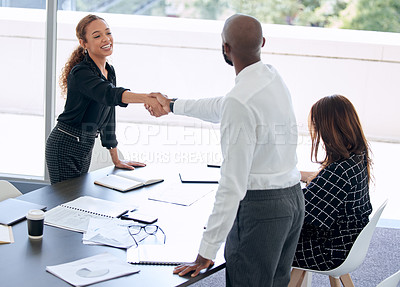 Buy stock photo Business people, handshake and merger in boardroom, deal and thank you for onboarding in office. Employees, meeting and congratulations for hire or promotion, introduction and agreement on offer