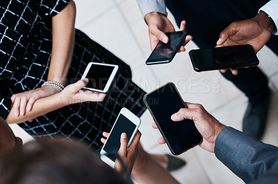 Buy stock photo Circle, business and people with hands, phone and connection, teamwork and discussion, screen and meeting for planning. Group, corporate and staff, digital and internet, collaboration and outdoor