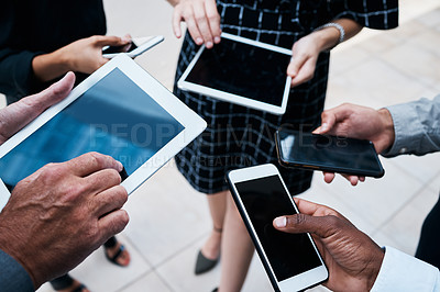 Buy stock photo Business people, hands or mobile in group with screen for job, working with technology for meeting. Team, tablet or phone with internet for collaboration on sales strategy, together for teamwork
